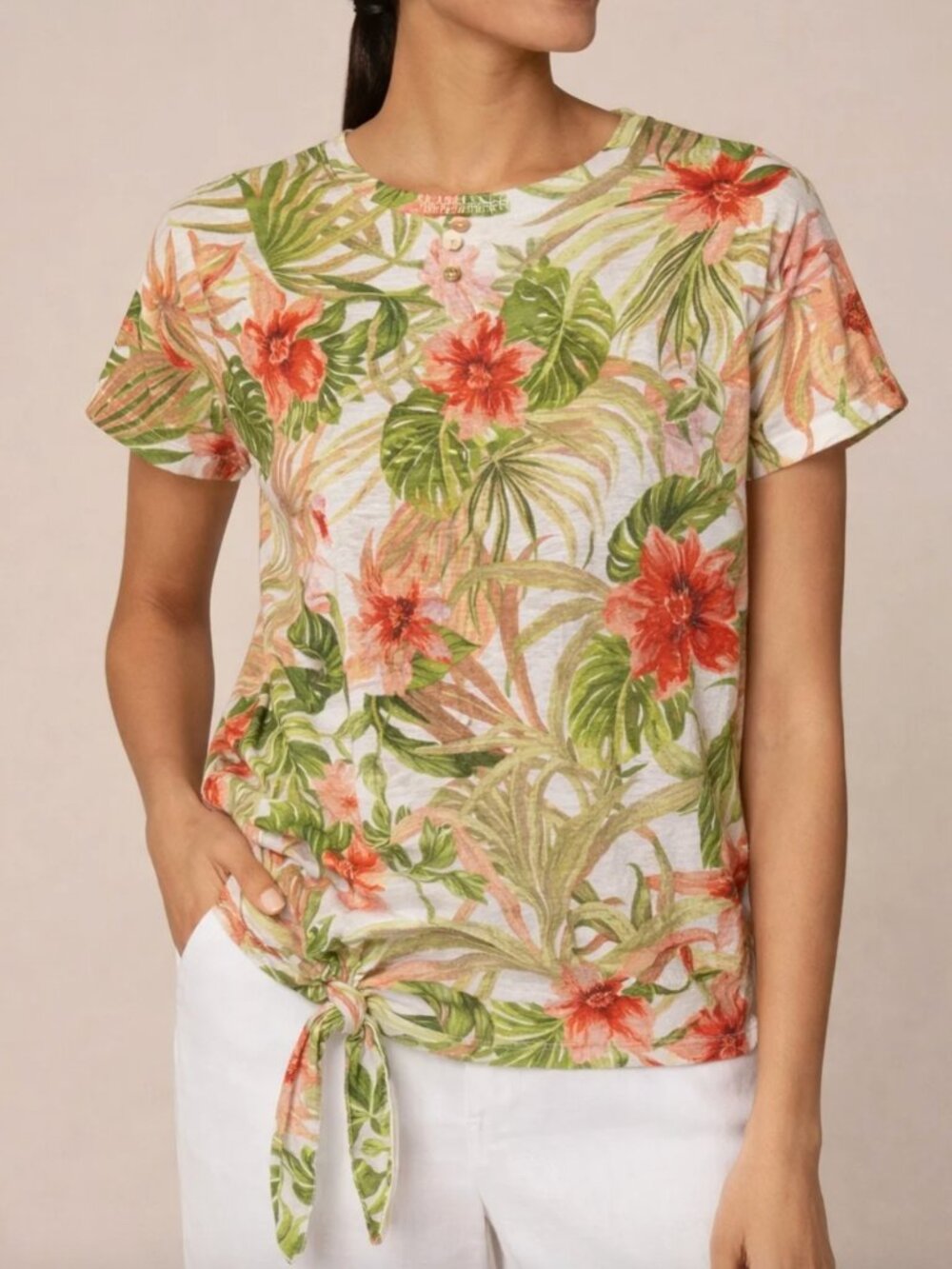 J.Jill Love Linen 100% Linen Tropical Floral Tie Front Short Sleeve Shirt Sx L